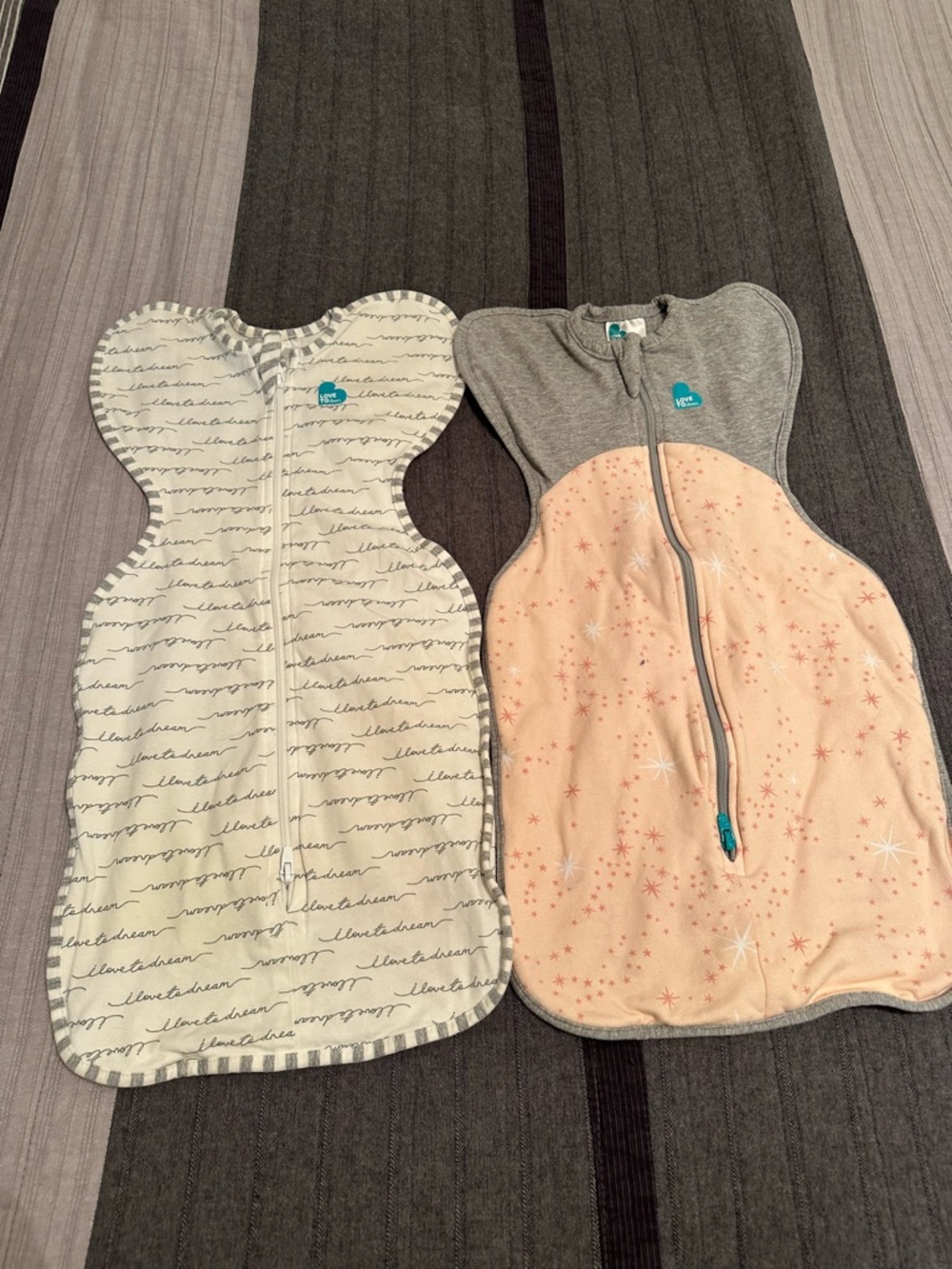 Bundle of 2 Love to Dream Swaddle Sleep Sacks - Gray Script & Peach Star